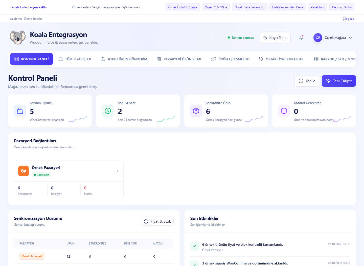 Koala Entegrasyon kontrol paneli tanıtım ekranı